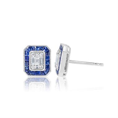 18ct White Gold Vintage Style Diamond and Sapphire Halo Stud Earrings thumbnail
