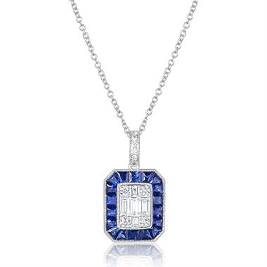 18ct White Gold Vintage Style Diamond and Sapphire Illusion Set Halo Pendant thumbnail