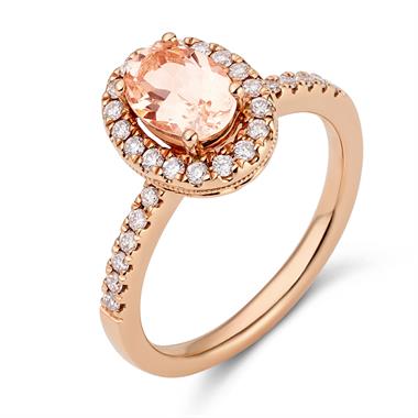 18ct Rose Gold Oval Morganite and Diamond Halo Dress Ring  thumbnail