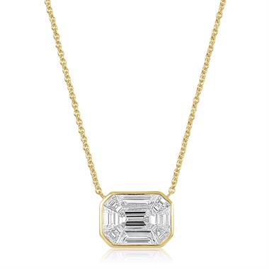 18ct Yellow Gold Emerald Shape Illusion Detail Diamond Necklace 1.00ct thumbnail