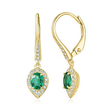Camellia 18ct Yellow Gold Pear Cluster Emerald and Diamond Drop Earrings  thumbnail