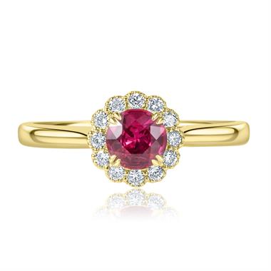 18ct Yellow Gold Vintage Inspired Round Ruby Halo Ring   thumbnail