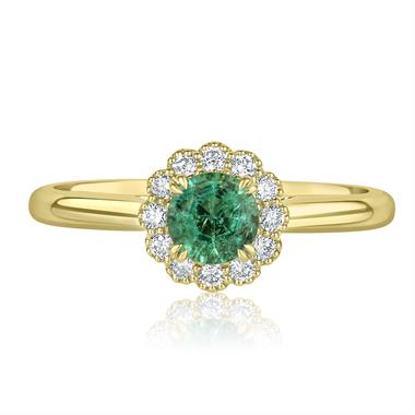 18ct Yellow Gold Vintage Inspired Round Emerald Halo Ring   thumbnail