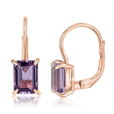 18ct Rose Gold Emerald Cut Amethyst Drop Earrings thumbnail