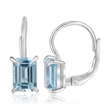 18ct White Gold Emerald Cut Blue Topaz Drop Earrings thumbnail