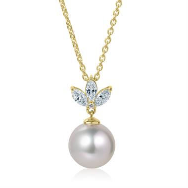18ct Yellow Gold Pearl and Marquise Diamond Necklace thumbnail