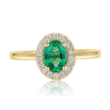 18ct Yellow Gold Oval Emerald and Diamond Halo Engagement Ring thumbnail
