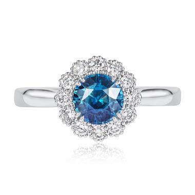 Platinum Round Teal Sapphire and Diamond Halo Ring thumbnail