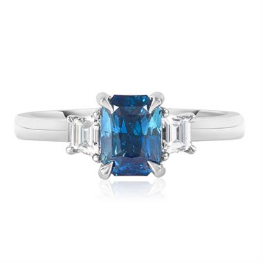 Platinum Radiant Teal Sapphire and Diamond Three Stone Ring  thumbnail