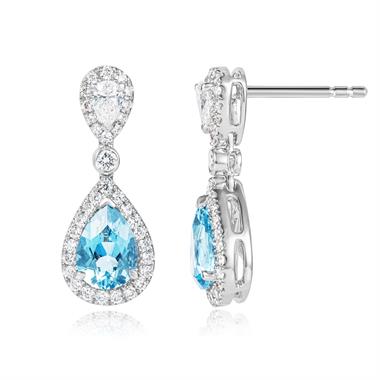 18ct White Gold Aquamarine and Diamond Halo Drop Earrings thumbnail