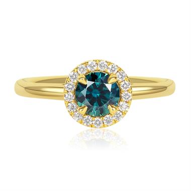 18ct Yellow Gold Round Teal Sapphire Halo Engagement Ring thumbnail
