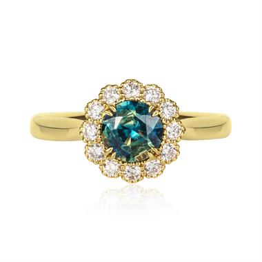 18ct Yellow Gold Round Teal Sapphire and Diamond Halo Ring thumbnail