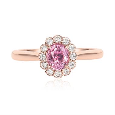 18ct Rose Gold Oval Padparadscha Sapphire and Diamond Halo Ring thumbnail