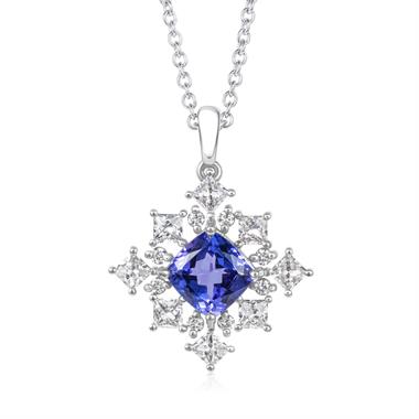 18ct White Gold Square Tanzanite and Diamond Cluster Pendant thumbnail