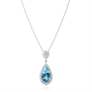 18ct White Gold Aquamarine and Diamond Halo Necklace thumbnail