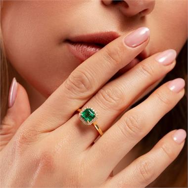 18ct Yellow Gold Asscher Cut Emerald and Diamond Halo Engagement Ring thumbnail