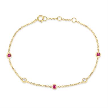 18ct Yellow Gold Ruby and Diamond Bezel Set Station Bracelet thumbnail