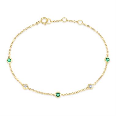 18ct Yellow Gold Emerald and Diamond Bezel Set Station Bracelet thumbnail