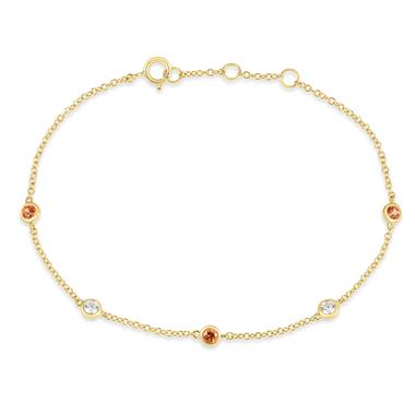 18ct Yellow Gold Orange Sapphire and Diamond Bezel Set Station Bracelet thumbnail