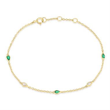 18ct Yellow Gold Pear Emerald and Diamond Bezel Set Station Bracelet thumbnail