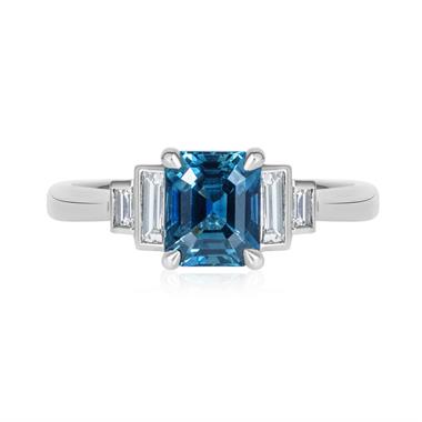 Platinum Emerald Cut Teal Sapphire and Diamond Five Stone Ring thumbnail