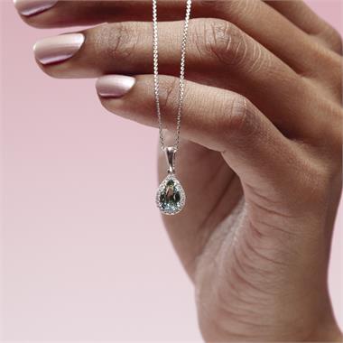 Camellia 18ct White Gold Pear Teal Sapphire and Diamond Pendant thumbnail