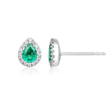 Camellia 18ct White Gold Emerald and Diamond Teardrop Halo Earrings
 thumbnail