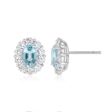 18ct White Gold Aquamarine and Diamond Oval Cluster Earrings thumbnail