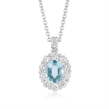 18ct White Gold Aquamarine and Diamond Oval Cluster Pendant
 thumbnail