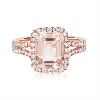 18ct Rose Gold Emerald Cut Morganite and Diamond Halo Dress Ring thumbnail