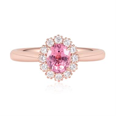 18ct Rose Gold Oval Padparadscha Sapphire and Diamond Halo Ring thumbnail