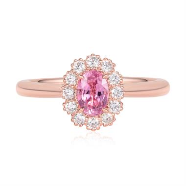 18ct Rose Gold Oval Padparadscha Sapphire and Diamond Halo Ring thumbnail