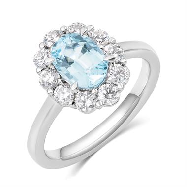 18ct White Gold Aquamarine and Diamond Oval Cluster Ring thumbnail 
