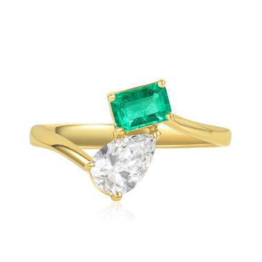 18ct Yellow Gold Emerald and Diamond Toi et Moi Engagement Ring thumbnail