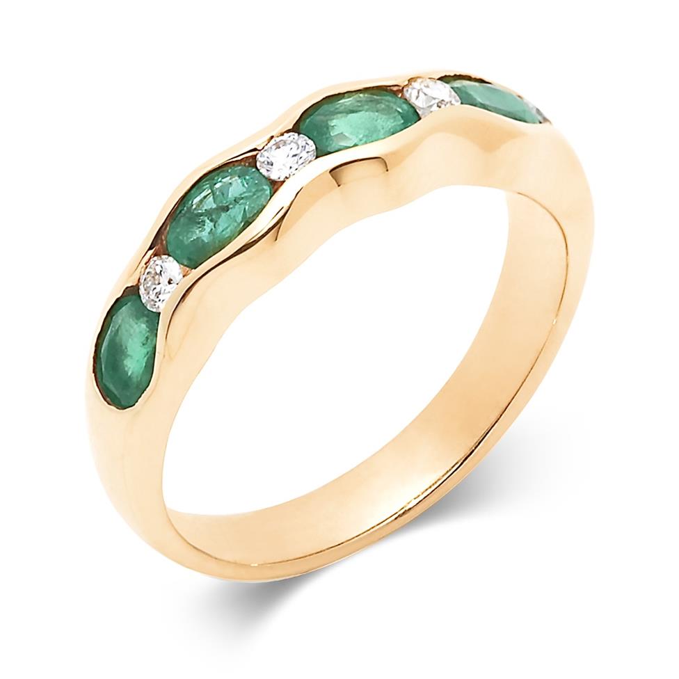 18ct Yellow Gold Oval Emerald and Diamond Half Eternity Ring Thumbnail Image 0
