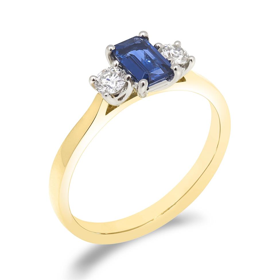 18ct Yellow Gold Emerald Cut Sapphire and Diamond Three Stone Engagement Ring Thumbnail Image 0