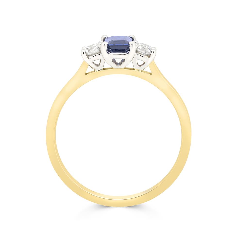 18ct Yellow Gold Emerald Cut Sapphire and Diamond Three Stone Engagement Ring Thumbnail Image 1