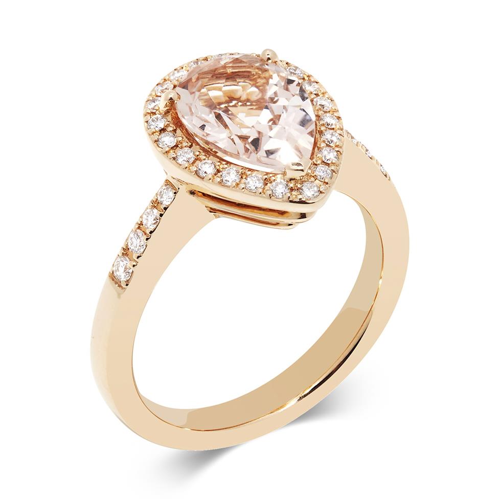 Ortensia 18ct Rose Gold Pear Shape Morganite and Diamond Halo Dress Ring Thumbnail Image 0