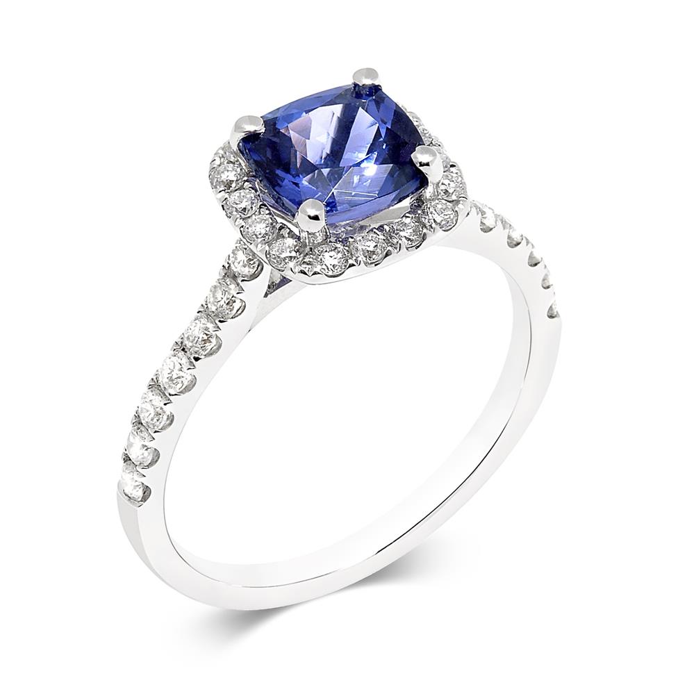18ct White Gold Cushion Tanzanite and Diamond Halo Ring Thumbnail Image 0