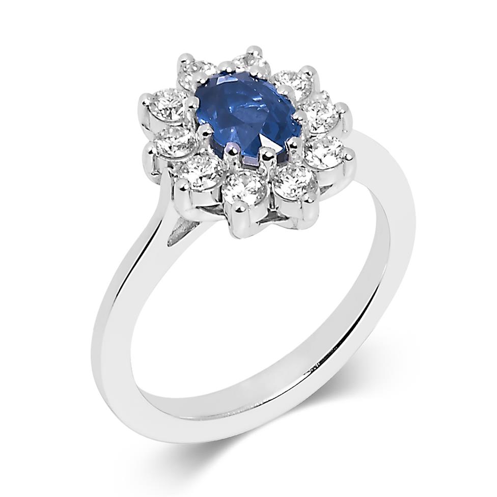 18ct White Gold Oval Sapphire and Diamond Cluster Engagement Ring Thumbnail Image 0