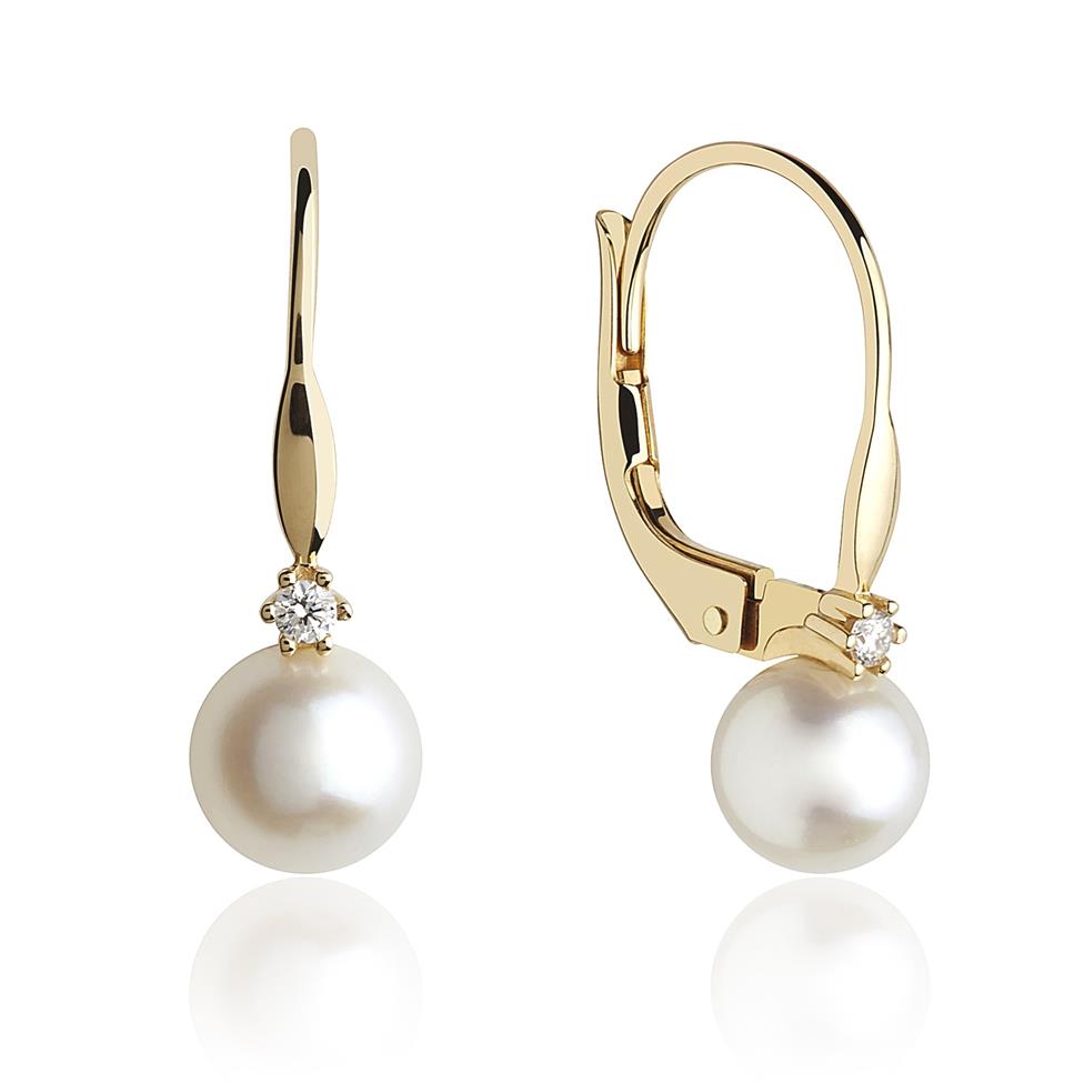 18ct Yellow Gold Freshwater Pearl and Diamond Drop Earrings  Thumbnail Image 0