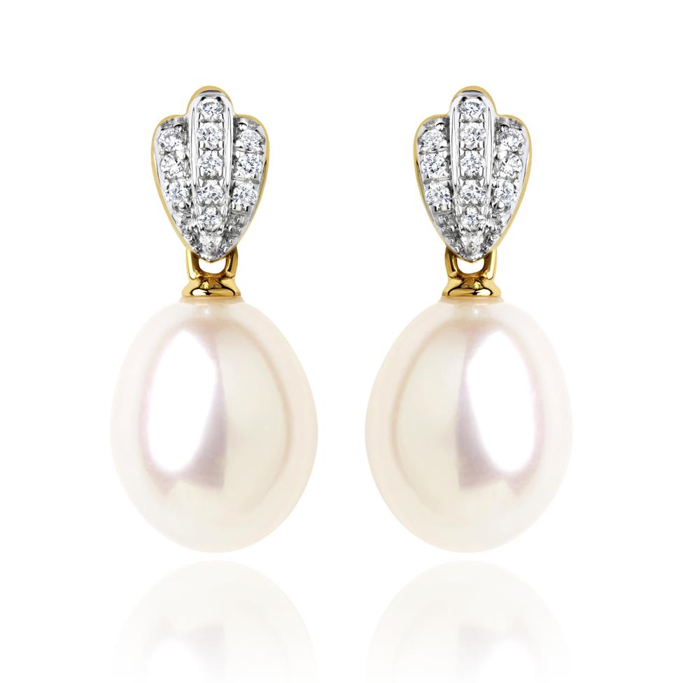 18ct Yellow Gold Freshwater Pearl and Diamond Drop Earrings  Thumbnail Image 0