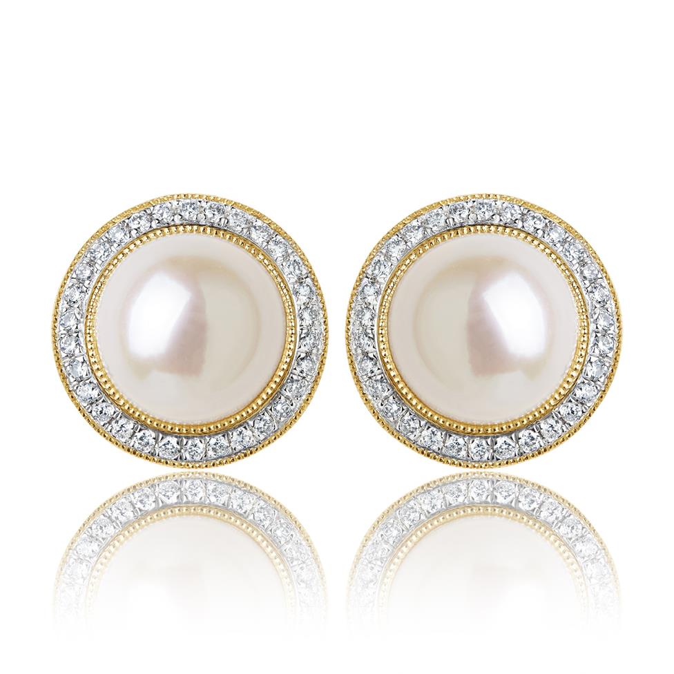 18ct Yellow Gold Pearl and Diamond Cluster Stud Earrings  Thumbnail Image 0