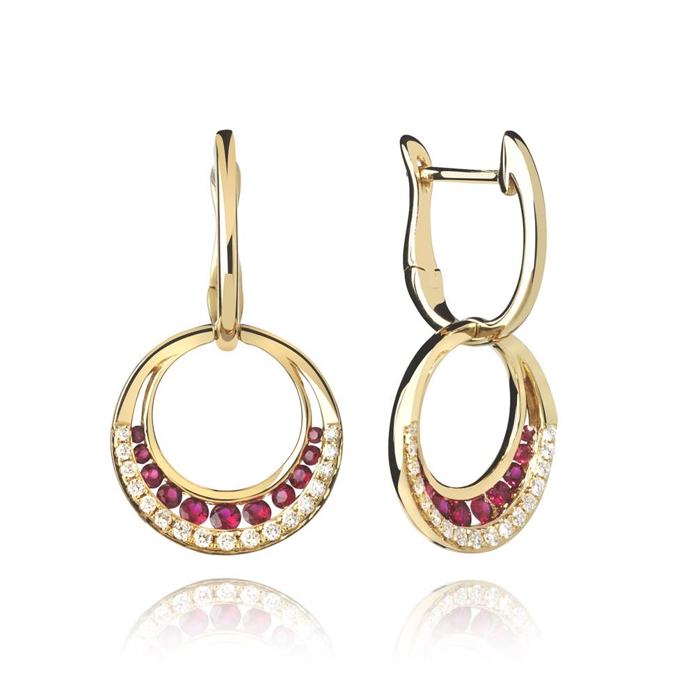 18ct Yellow Gold Ruby and Diamond Drop Earrings Thumbnail Image 0