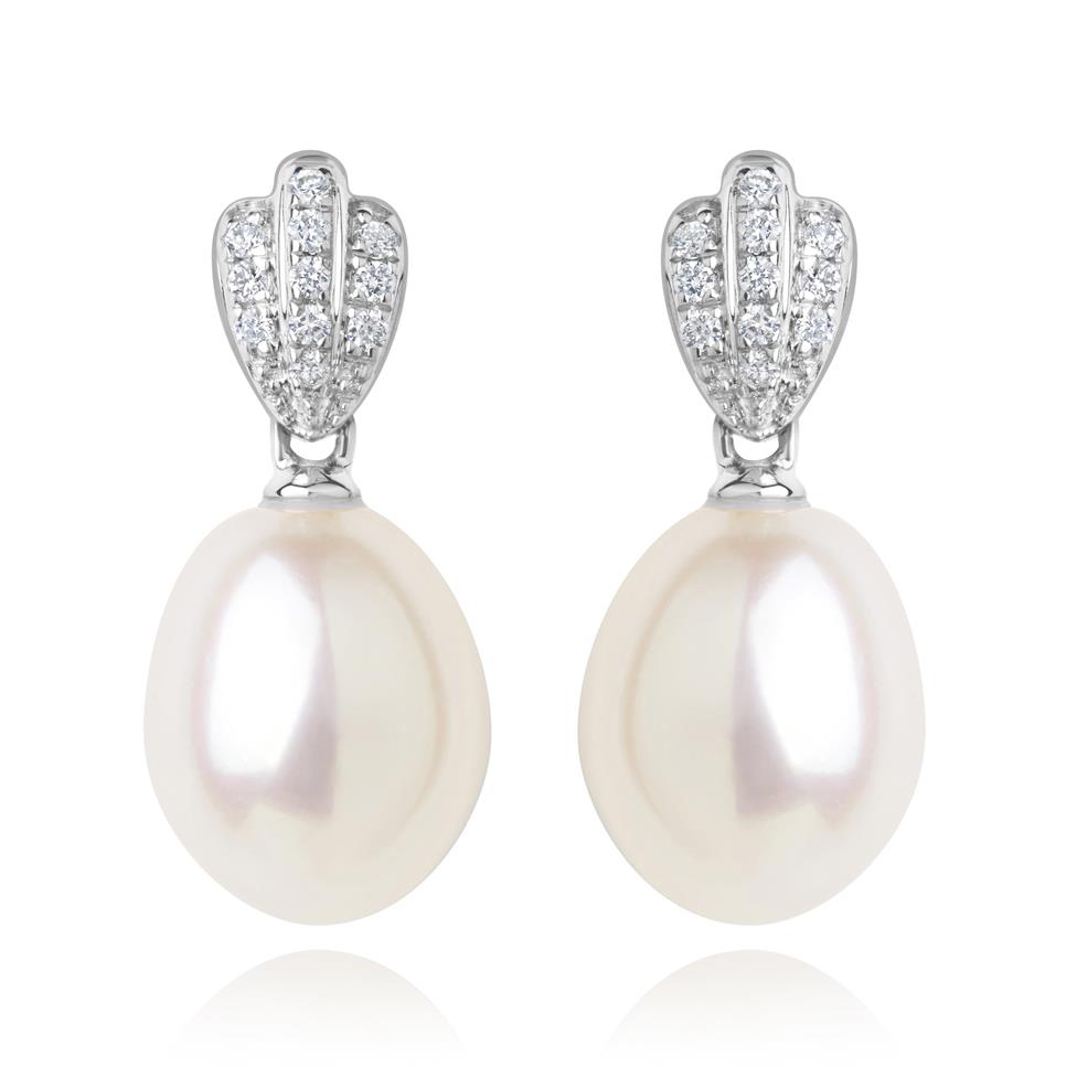 18ct White Gold Freshwater Pearl and Diamond Drop Earrings Thumbnail Image 0