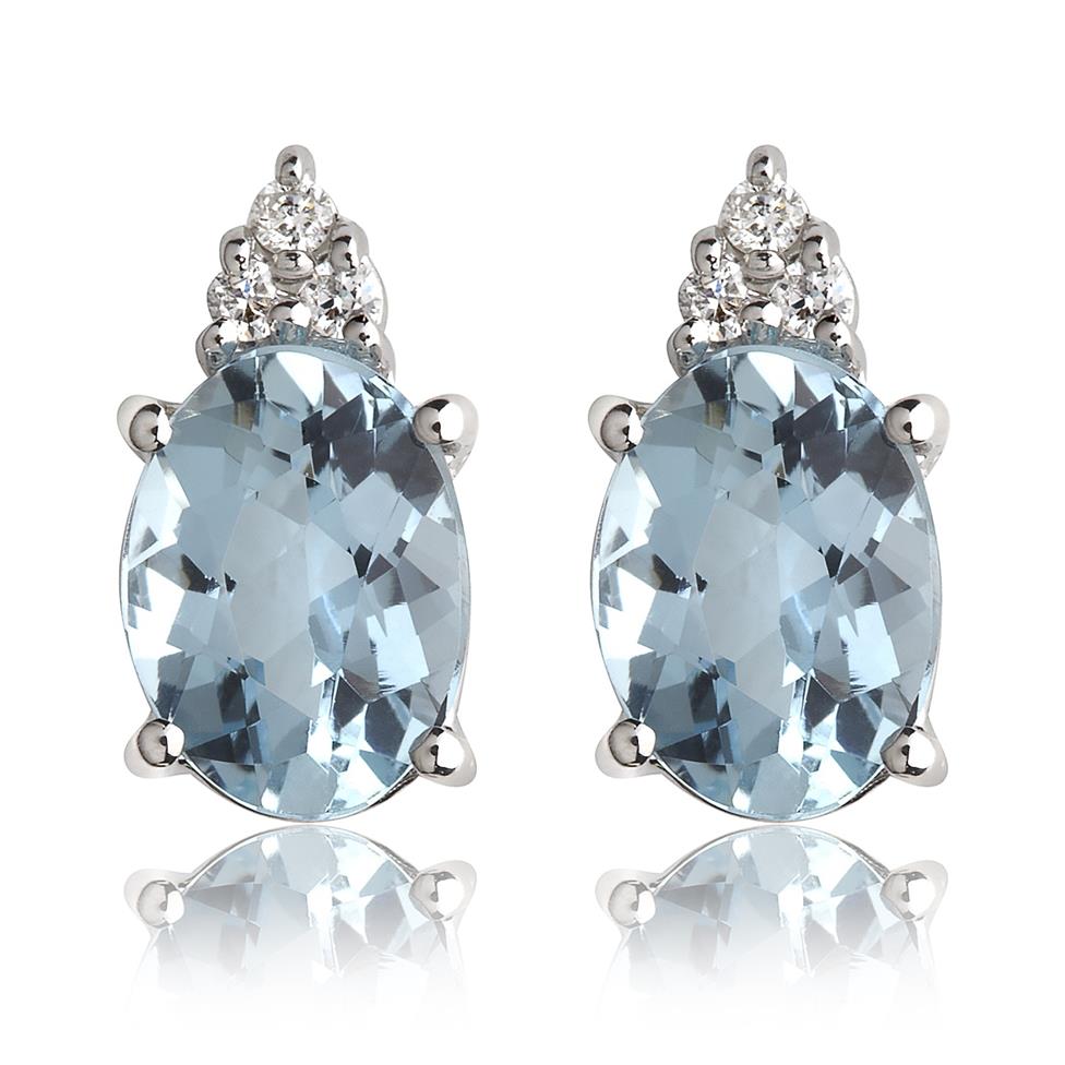18ct White Gold Oval Aquamarine and Diamond Stud Earrings Thumbnail Image 0