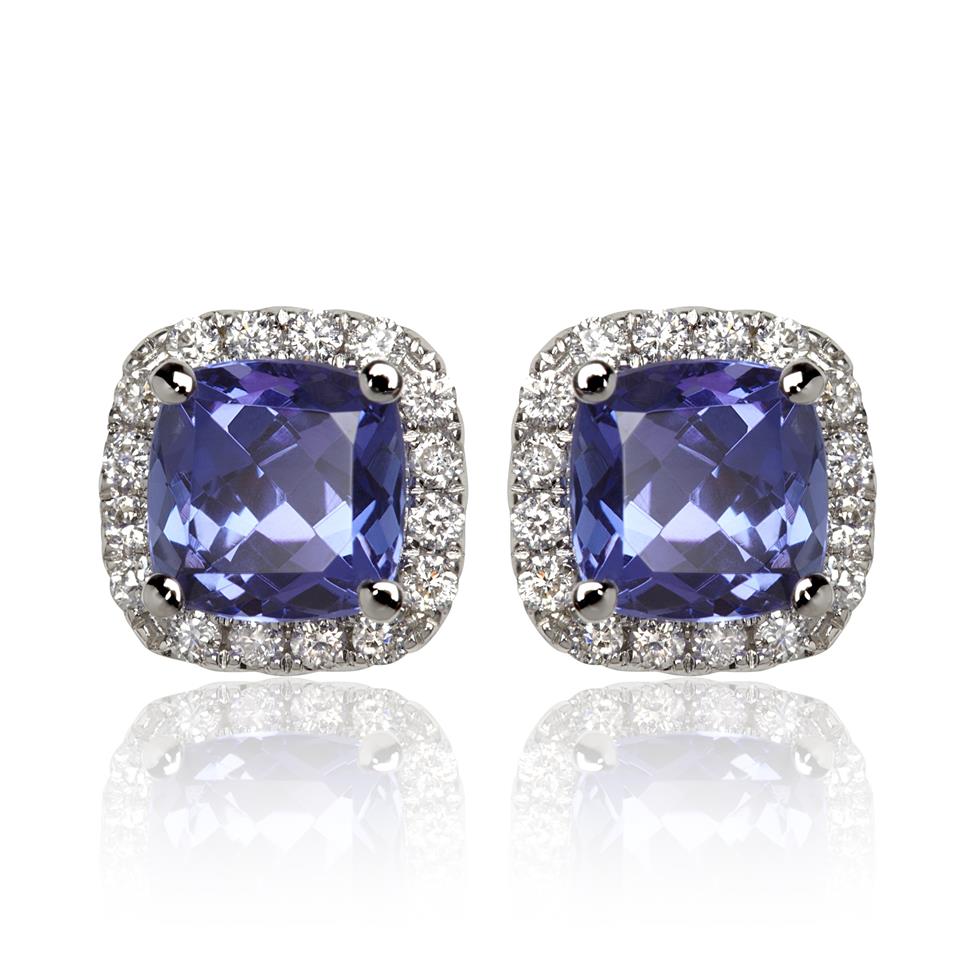 18ct White Gold Tanzanite and Diamond Halo Stud Earrings Thumbnail Image 0