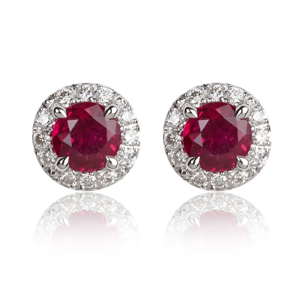 Camellia 18ct White Gold Ruby and Diamond Halo Stud Earrings Thumbnail Image 0