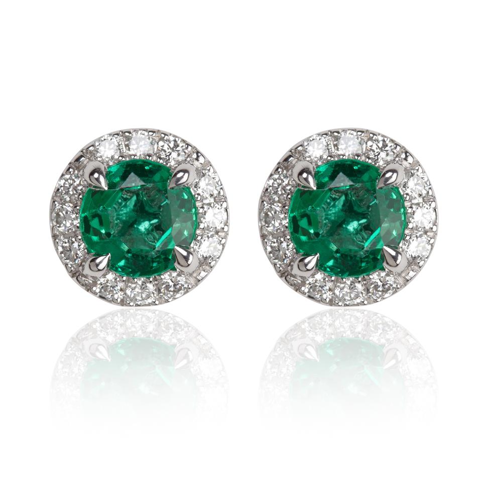 Camellia 18ct White Gold Emerald and Diamond Halo Stud Earrings Thumbnail Image 0