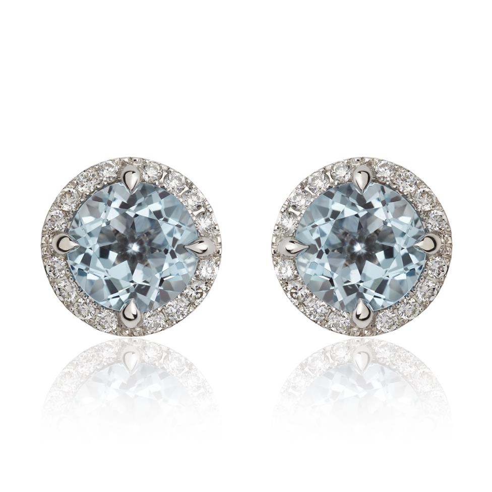 Camellia 18ct White Gold Blue Topaz and Diamond Halo Stud Earrings Thumbnail Image 0